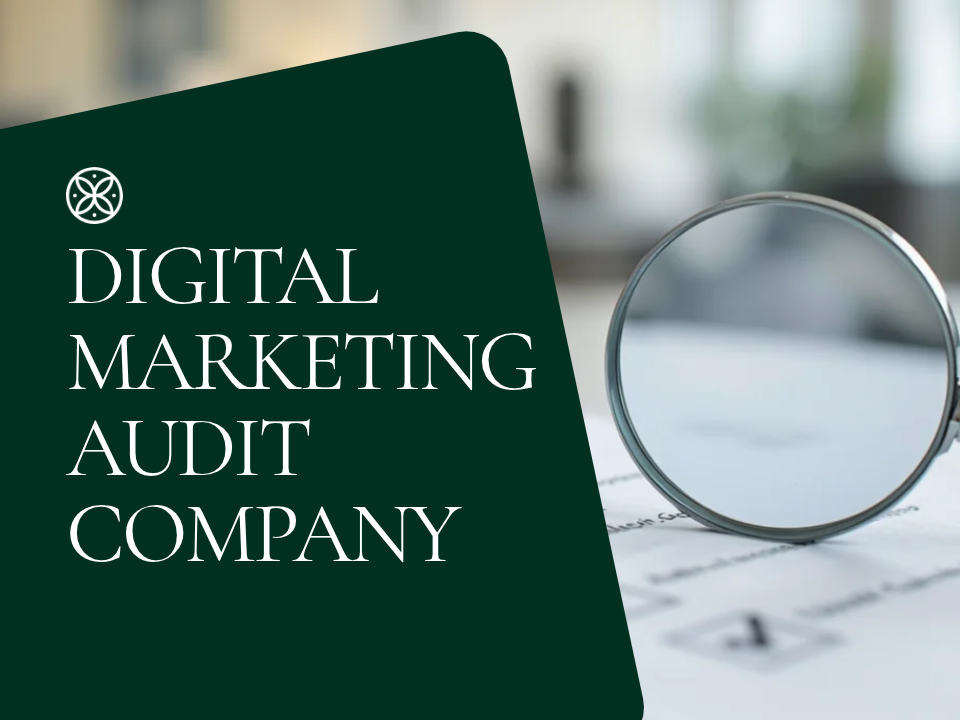Digital marketing audit company graphic: a magnifying glass inspecting a checklist document, representing a close audit review.