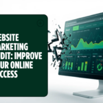 Website marketing audit graphic: a browser window cracking apart into a marketing analytics dashboard, symbolizing traffic arriving but not converting.
