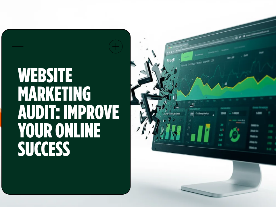 Website marketing audit graphic: a browser window cracking apart into a marketing analytics dashboard, symbolizing traffic arriving but not converting.