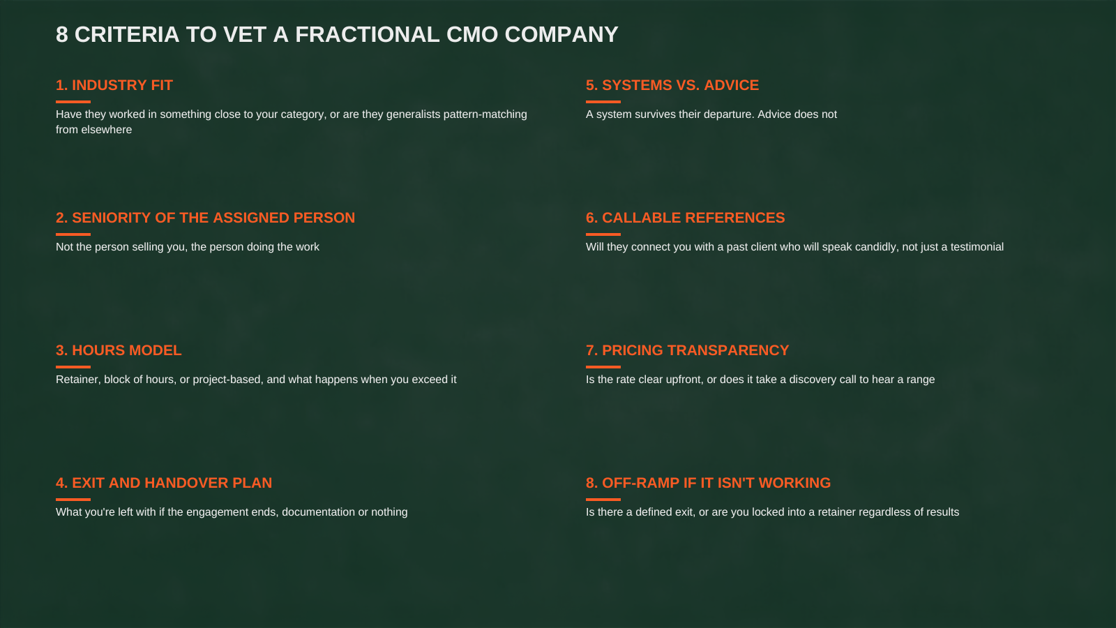 Eight criteria for vetting a fractional CMO company: industry fit, seniority, hours model, exit plan, systems vs advice, references, pricing transparency, off-ramp