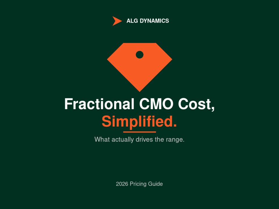 Branded table comparing fractional CMO cost by engagement model, 2026 ranges