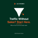 Funnel graphic showing why you have traffic but no sales: traffic narrowing through audience match, positioning, friction, and offer checkpoints down to sales at the bottom.