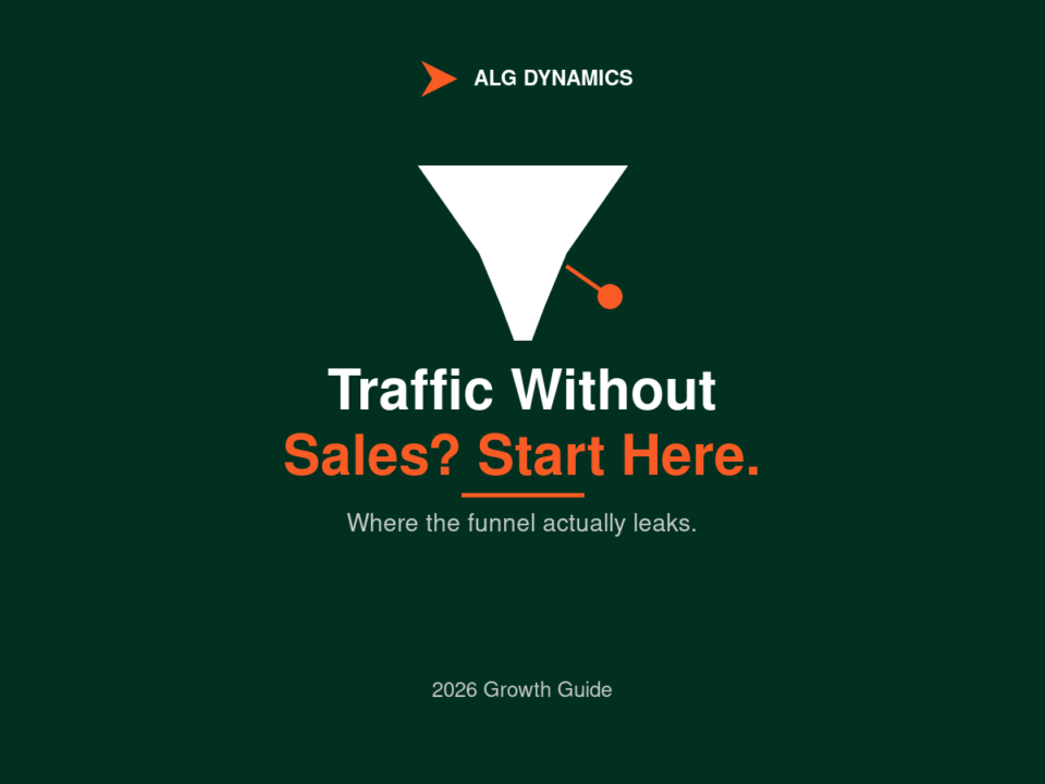 Funnel graphic showing why you have traffic but no sales: traffic narrowing through audience match, positioning, friction, and offer checkpoints down to sales at the bottom.