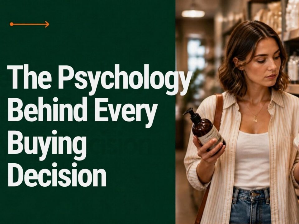 Shopper comparing two products on a store shelf, illustrating consumer psychology in marketing