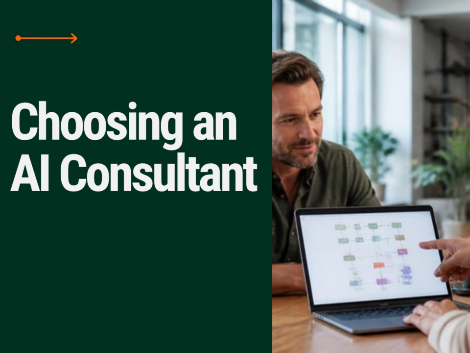 Choosing an AI Consultant: a small business owner reviewing an AI workflow with a consultant