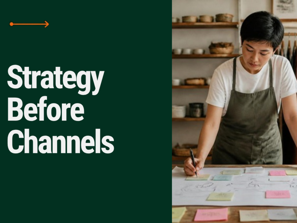 Strategy Before Channels: a small shop owner planning a marketing strategy at a work table