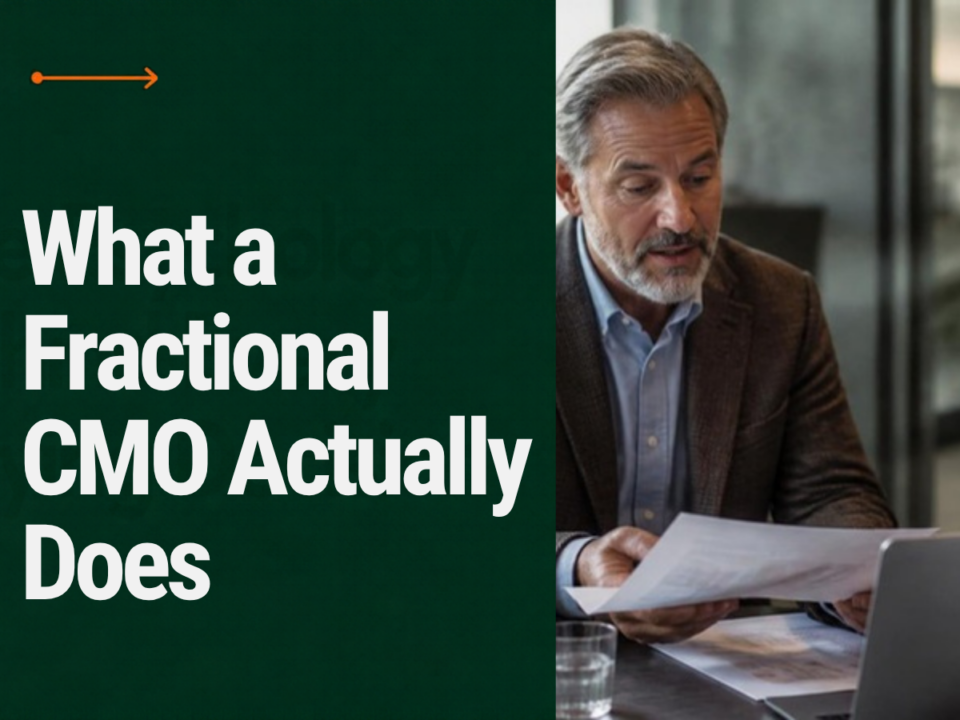 What a Fractional CMO Actually Does: a senior marketing executive reviewing a strategy plan with a business founder