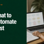 What to Automate First: a business owner reviewing a marketing workflow diagram on a laptop
