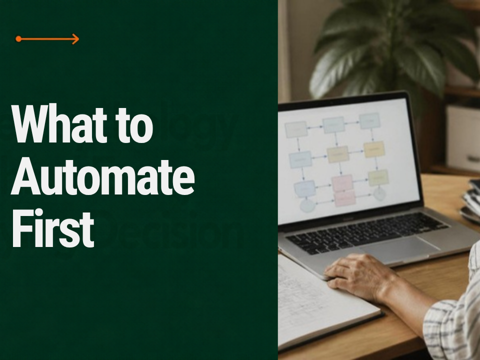 What to Automate First: a business owner reviewing a marketing workflow diagram on a laptop